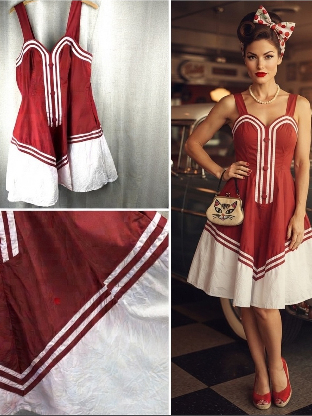 eShakti Cherry Red Dress White Stripes Whimsical Retro Pin-up M Art Deco *flawed